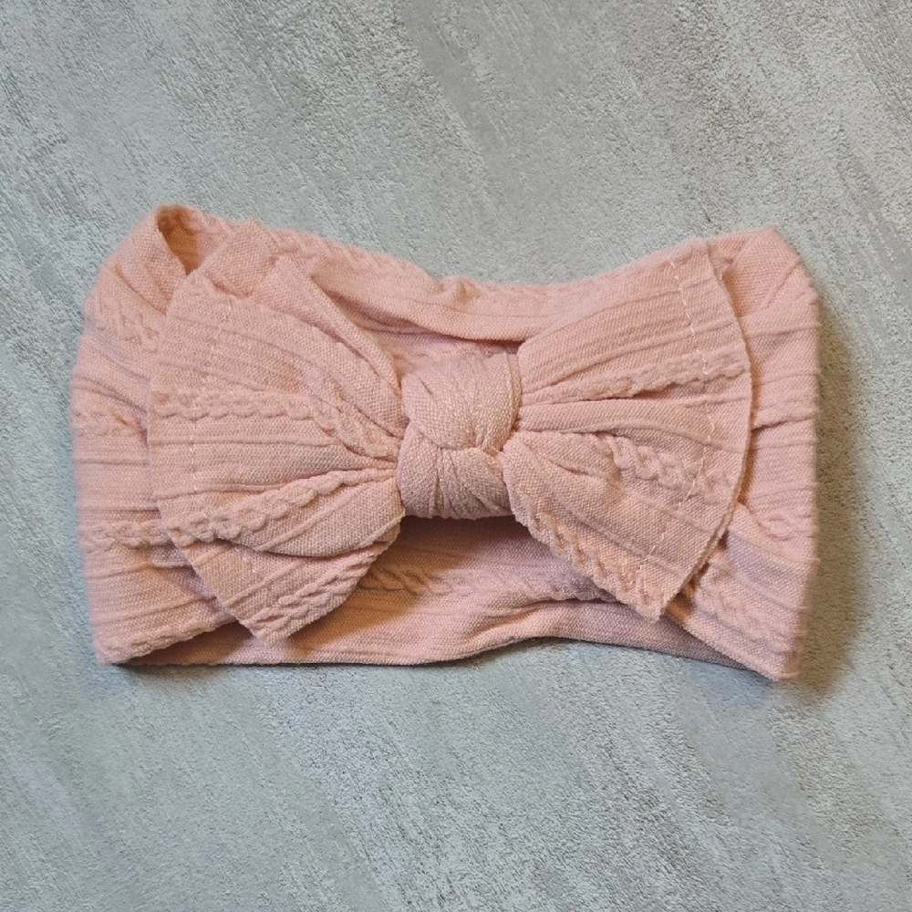 Cable Knit Baby Girl Light Pink Headband Oversized Bow Stretchy Nylon Hairband